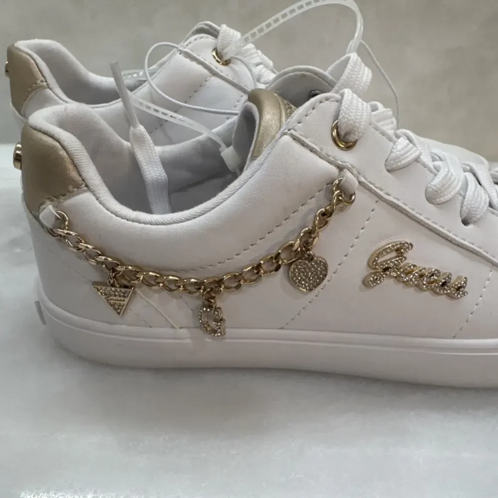 GUESS Women's White Gold Sneakers Charm Accent Logo Lace Up Low Top - Picture 2 of 5